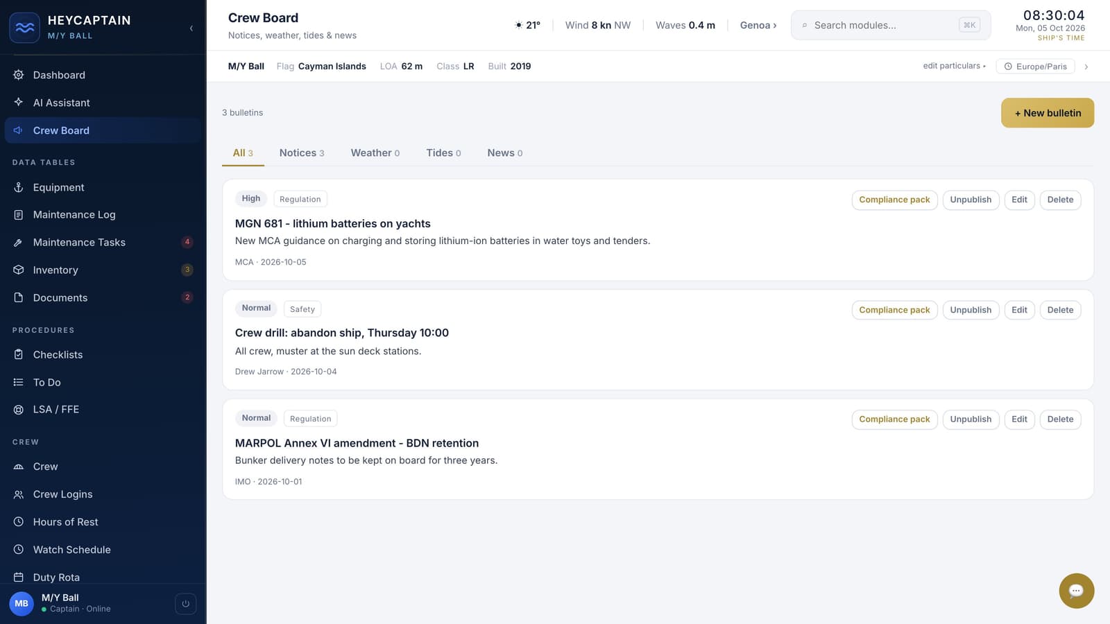 Crew Board: notices, bulletins and regulation updates