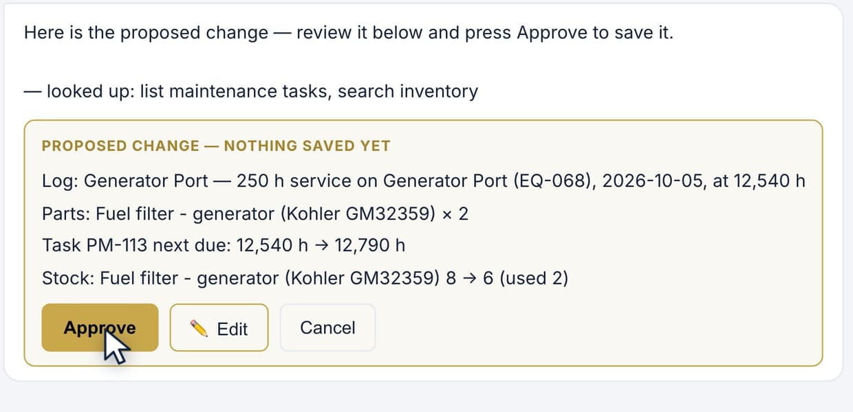 A card shows exactly what will be saved, with Approve, Edit and Cancel